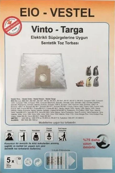 Vestel Swırl Eıo 80 Süpürge İçin Toz Torbası Sentetik Kumaş 1.Kalite 5 Adet ürün görseli 1