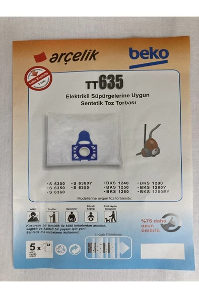 Arçelik S6370-s6300-s6350-s6360-s6380y-s6355 Toz Torbası(15 Adet) ürün görseli 1