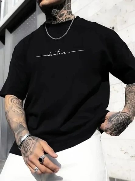 Baskılı Oversize Bisiklet Yaka T-shirt - Siyah ürün görseli 1
