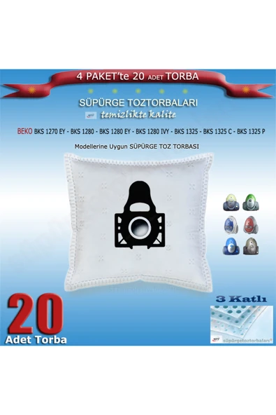 Beko BKS 1270 EY -1280 - 1280EY - 1280IVY - 1325 - 1325C - 1325P Uyumlu Süpürge Toz torbası 20 adet ürün görseli 1