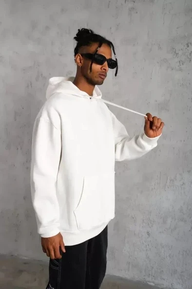 Erkek Düz Kapüşonlu Sweat - Beyaz - Resim 2