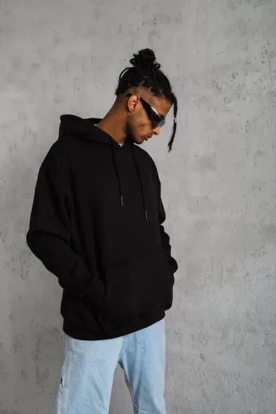 Erkek Düz Kapüşonlu Sweat - Siyah - Resim 3