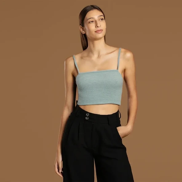 İp Askılı Fitilli Pamuk Örme Kısa Crop Atlet 40 cm - Resim 3
