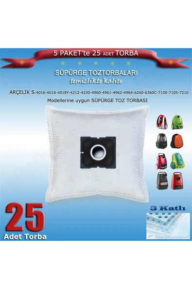 Arçelik S:4016-4018-4018Y-4212-4230-4960-4961-4962-4964-6260-6360C-7100-7105 -7210 TOZ TORBASI 25 Ad 200120 ürün görseli 1