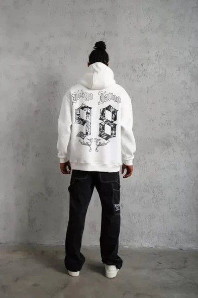 Erkek 98 Baskılı Kapşonlu Sweat - Beyaz - Resim 4