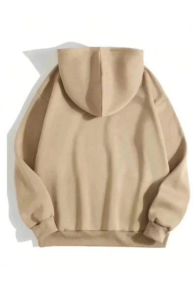 Erkek Düz Kapüşonlu Sweat - Bej - Resim 2