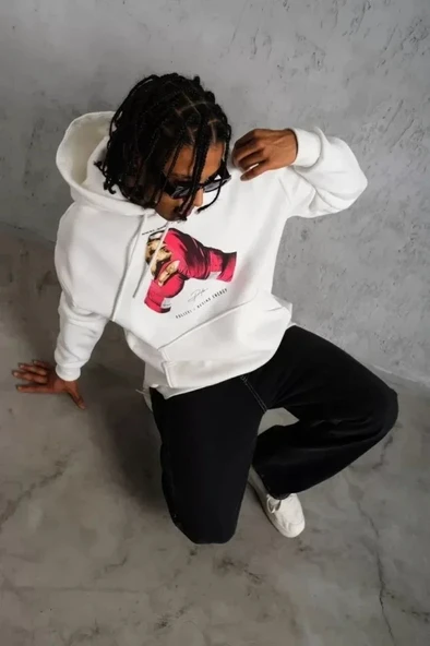 Erkek Eldiven Baskılı Kapüşonlu Sweat - Beyaz - Resim 2