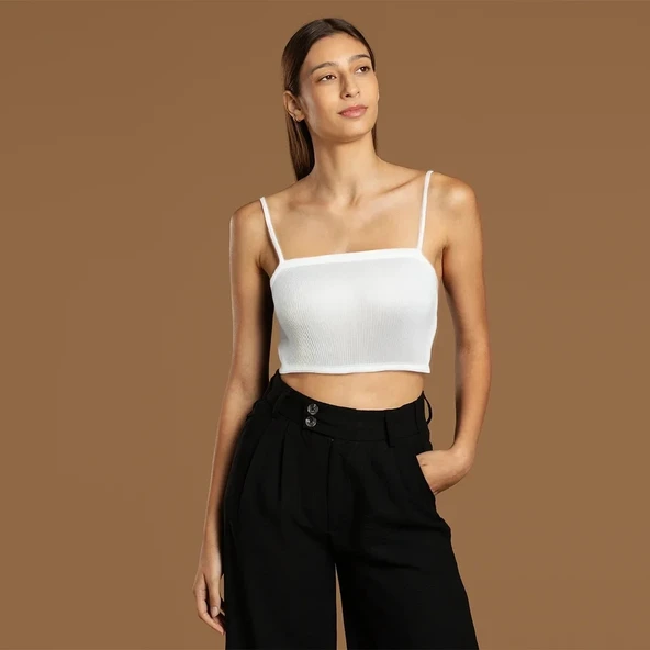 İp Askılı Fitilli Pamuk Örme Kısa Crop Atlet 40 cm - Resim 6