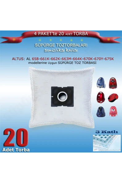 Altus AL 658-661K-662K-663M-664K-670K-670Y-675K serisi SÜPÜRGE TOZ TORBASI Uyumlu 20 Adet 200120 ürün görseli 1