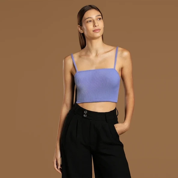 İp Askılı Fitilli Pamuk Örme Kısa Crop Atlet 40 cm - Resim 5