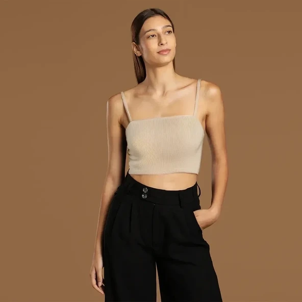 İp Askılı Fitilli Pamuk Örme Kısa Crop Atlet 40 cm - Resim 2