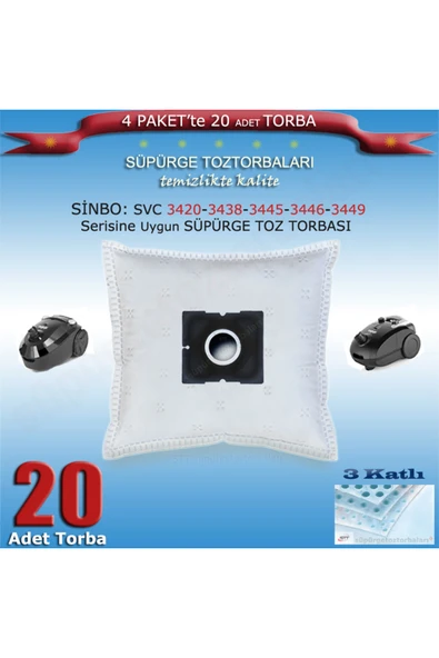 Sinbo Svc 3420-3438-3445-3446-3449 Serisi Süpürge Toz Torbası 20 Adet 200120 ürün görseli 1