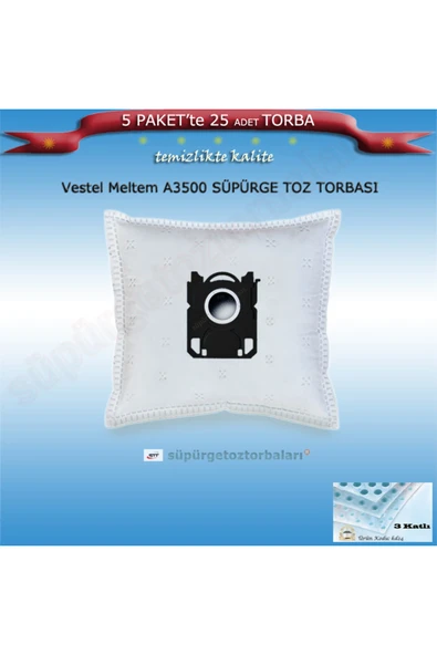 Vestel Meltem A3500 Süpürge Toz Torbası 25 Adet Torba Kb24 ürün görseli 1