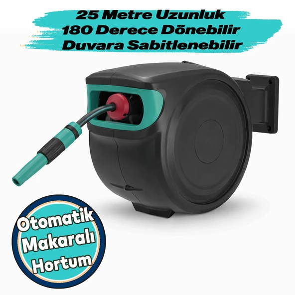 25 Metre Makaralı Duvara Monteli 180° Döner Hortum Seti Bahçe Su Hortumu 1/2 Sulama Araç Yıkama ürün görseli 1