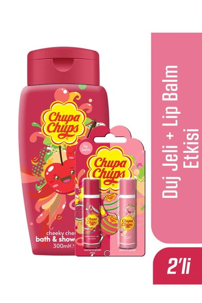 Chupa Chups Dudak Lip Balm 2li Karpuz Ve Şeftali 300ml Kiraz Kokulu Duş Jeli Hediyeli ürün görseli 1