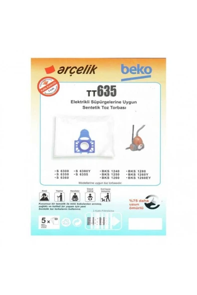 Arçelik - Beko S6300 6350 6355 6355yp 6360 6380y Elektrikli Süpürge Toz Torbası 20 Adet ürün görseli 1