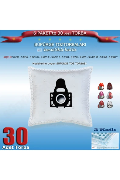 Arçelik ARÇELİK S 6200 - S 6255 - S 6255 B - S 6255 C - S 6255 P Uygun 30 adet Süpürge Toz torbası 200720 ürün görseli 1