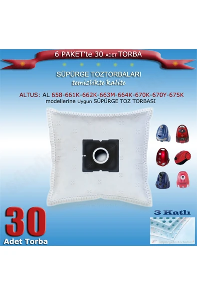 Altus AL 658-661K-662K-663M-664K-670K-670Y-675K serisi Uyumlu SÜPÜRGE TOZ TORBASI 30 Adet 200120 ürün görseli 1