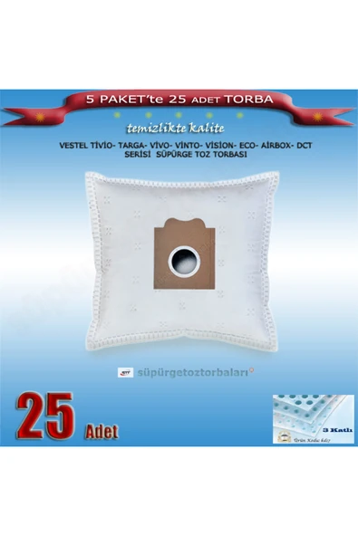 Vestel Tivio- Targa- Vivo- Vinto- Vision- Eco- Airbox- Dct Serisi Süpürge Toz Torbası 25 Adet K17 ürün görseli 1