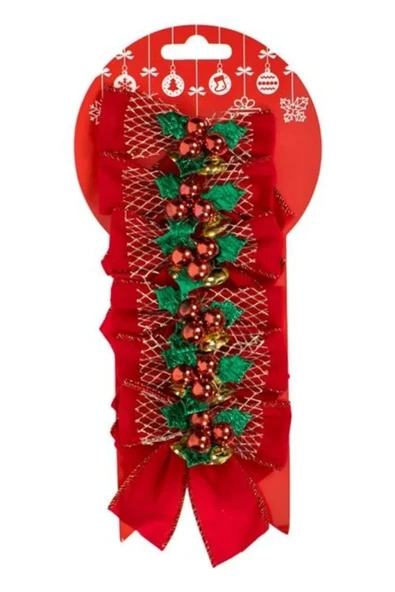 Yılbaşı Dekoratif Fiyonklar Kırmızı Kadife Çanlar Ökse Otu 10cm - 6 adet ürün görseli 1