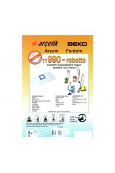 Arçelik Tt990 - Universal Robotto (KAZANLI) Elektrikli Süpürge Torbası (5 ADET) ürün görseli 1