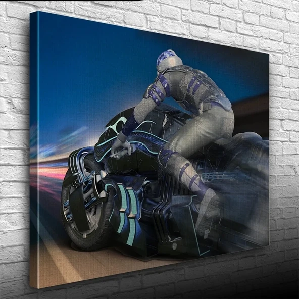 Futuristik Motosiklet ve Sürücüsü Kanvas Tablo 50 x 70 ürün görseli 1