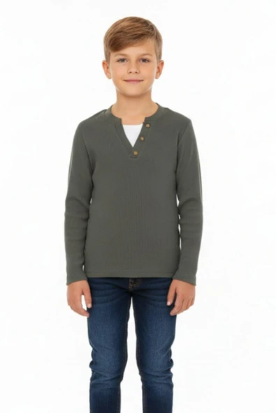 Düğme Detaylı Mevsimlik Uzun Kollu Kaşkorse Kumaş Sweatshirt Yeşil Renk Erkek Çocuk ürün görseli 1
