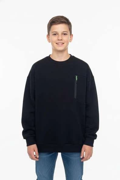 Bisiklet Yaka Cep Fermuar Detaylı Erkek Çocuk Sweatshirt ürün görseli 1