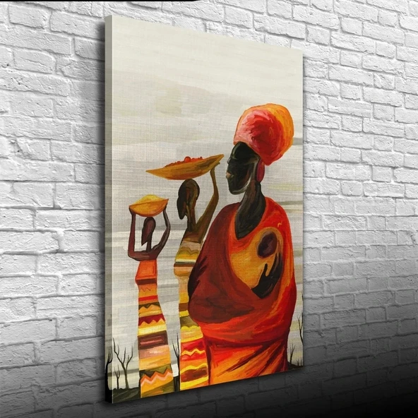 Turuncu ve Gri Tonlarda Afrika Yerli Kadınlar Kanvas Tablo 50 x 70 ürün görseli 1