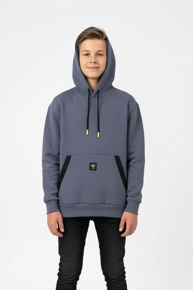 Kapüşonlu Kanguru Cepli Detaylı Şardonlu 100% Pamuk 3 İplik Erkek Çocuk Sweatshirt ürün görseli 1