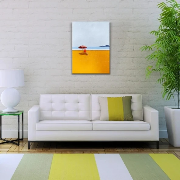 Kumsalda Kırmızı Şemsiye ve Şezlong Kanvas Tablo 50 x 70 ürün görseli 1