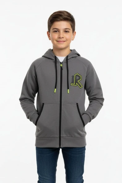 Kapüşonlu Fermuarlı Yandan Cepli Baskılı %100 Pamuk 2 İplik Mevsimlik Erkek Çocuk Sweatshirt ürün görseli 1