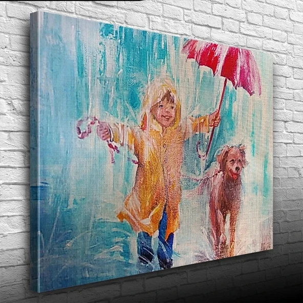 Yağmurda Koşan Çocuk ve Köpeği Kanvas Tablo 50 x 70 ürün görseli 1