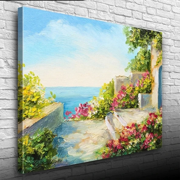 Çiçekli Taş Teras ve Deniz Manzarası  Yağlıboya Kanvas Tablo 50 x 70 ürün görseli 1