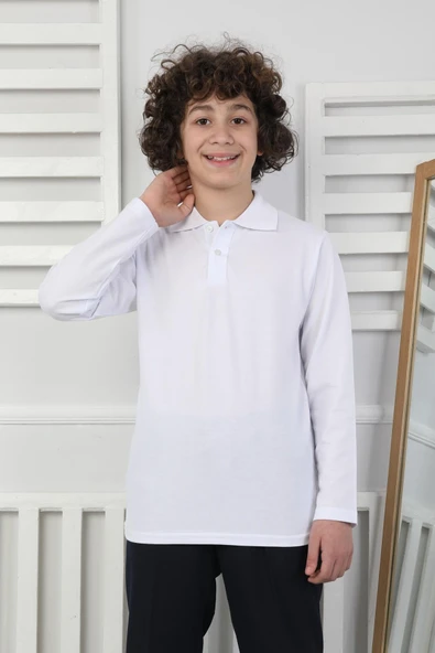 Düz Yakalı Uzun Kol Erkek Çocuk Okul Tişört ürün görseli 1