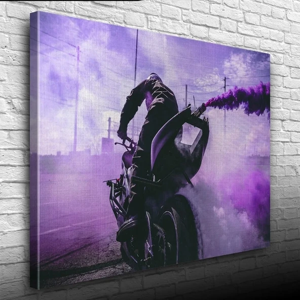 Mor Dumanlar saçan Motosiklet ve Sürücüsü Kanvas Tablo 50 x 70 ürün görseli 1