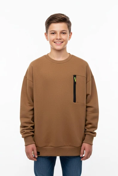 Bisiklet Yaka Cep Fermuar Detaylı Erkek Çocuk Sweatshirt ürün görseli 1
