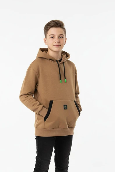 Kapüşonlu Kanguru Cepli Detaylı Şardonlu 100% Pamuk 3 İplik Erkek Çocuk Sweatshirt ürün görseli 1