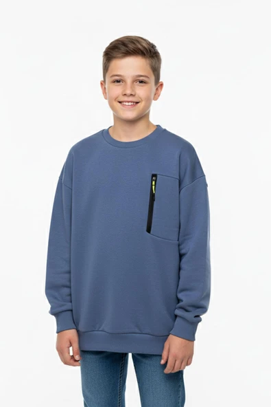 Bisiklet Yaka Cep Fermuar Detaylı Erkek Çocuk Sweatshirt ürün görseli 1