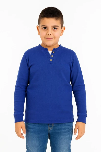 Düğme Detaylı Mevsimlik Uzun Kollu Kaşkorse Kumaş Sweatshirt Mavi Renk Erkek Çocuk ürün görseli 1