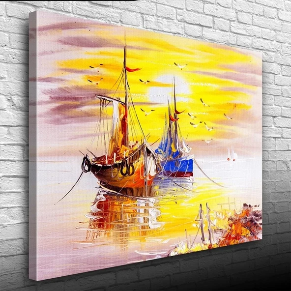 Günbatımında Balıkçı Takaları ve Martılar :Yağlıboya Kanvas Tablo 50 x 70 ürün görseli 1