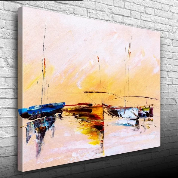 Sahilde Demirli Yelkenliler Yağlıboya Kanvas Tablo 50 x 70 ürün görseli 1