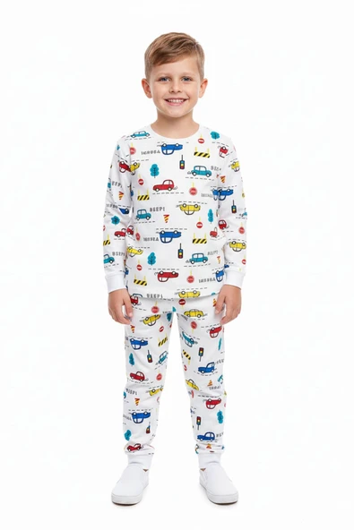 Erkek Çocuk Pijama Takımı Araba Desen Mevsimlik Pamuklu ürün görseli 1