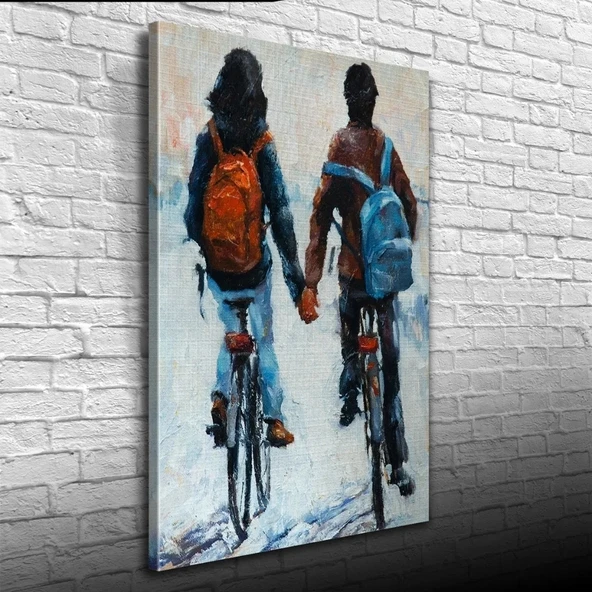Elele Bisiklet Süren Sevgililer Yağlıboya Kanvas Tablo 50 x 70 ürün görseli 1