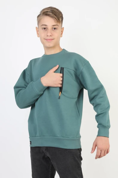 Bisiklet Yaka Cep Fermuar Detaylı Erkek Çocuk Sweatshirt ürün görseli 1