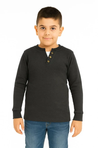 Düğme Detaylı Mevsimlik Uzun Kollu Kaşkorse Kumaş Sweatshirt Antrasit Renk Erkek Çocuk ürün görseli 1