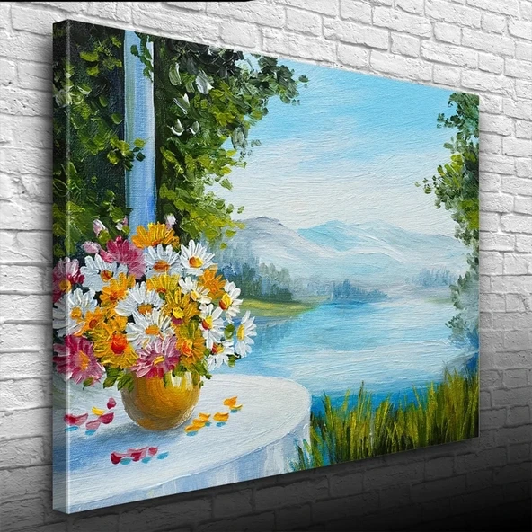 Masadaki Çiçekler ve Göl Manzarası Yağlıboya Kanvas Tablo 50 x 70 ürün görseli 1