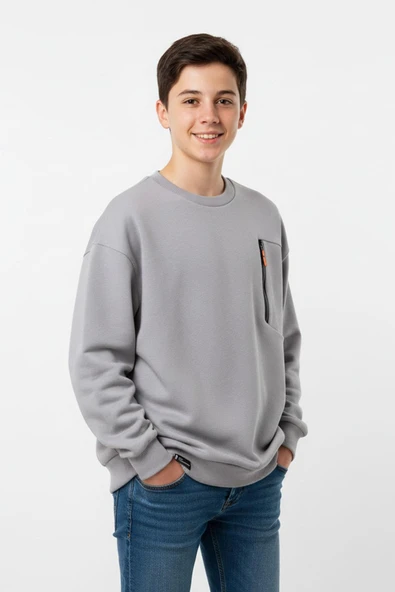 Bisiklet Yaka Cep Fermuar Detaylı Erkek Çocuk Sweatshirt ürün görseli 1