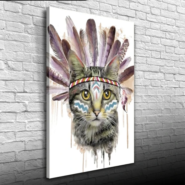 Kızılderili Kıyafetli Sevimli Kedi Kanvas Tablo 50 x 70 ürün görseli 1