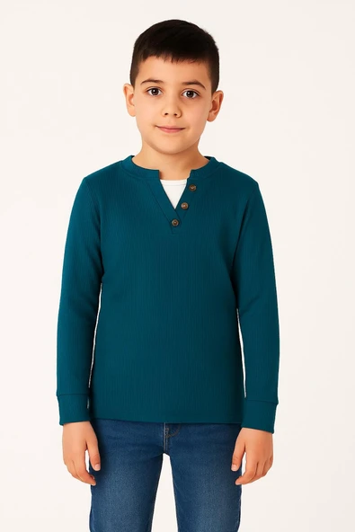 Düğme Detaylı Mevsimlik Uzun Kollu Kaşkorse Kumaş Sweatshirt Petrol Mavisi Renk Erkek Çocuk ürün görseli 1
